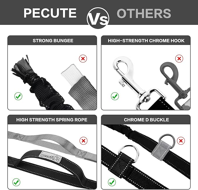 Pecute Hands Free Dog Leash, Waist Dog Running Leash with 2 Shock-Absorbing Bungees, Padded Back, Multi Pouches, Reflective Waist Dog Leash for Medium to Large Dogs Walking Running Hiking