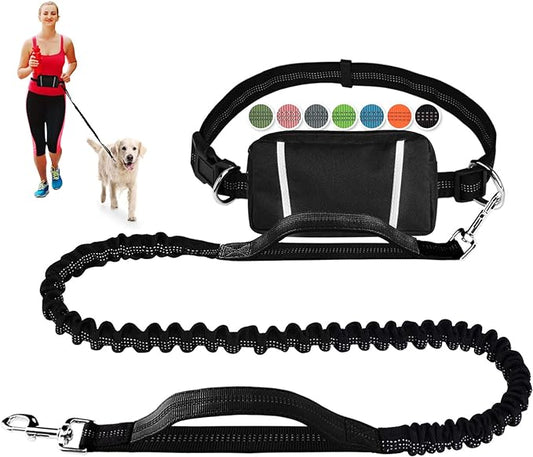 Hands Free Dog Leash, Waist Leash for Dog Walking, Running Leash with Zipper Pouch for Medium Large Dogs, Dual Handle and Retractable Bungee Hands Free Leash for Training Jogging Hiking