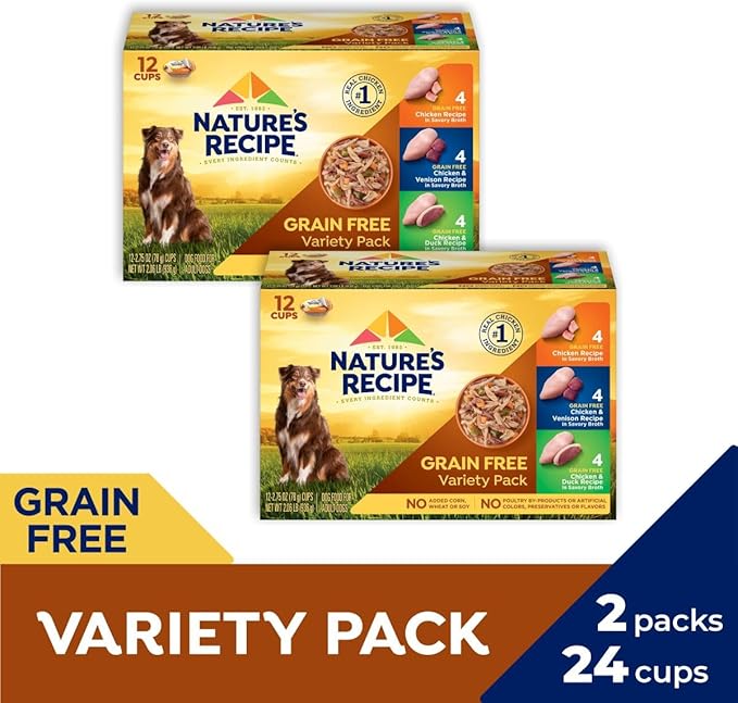Nature's Recipe Grain Free Wet Dog Food, Chicken/Venison/Duck Variety Pack, 2.75 Ounce Cup (Pack of 24)