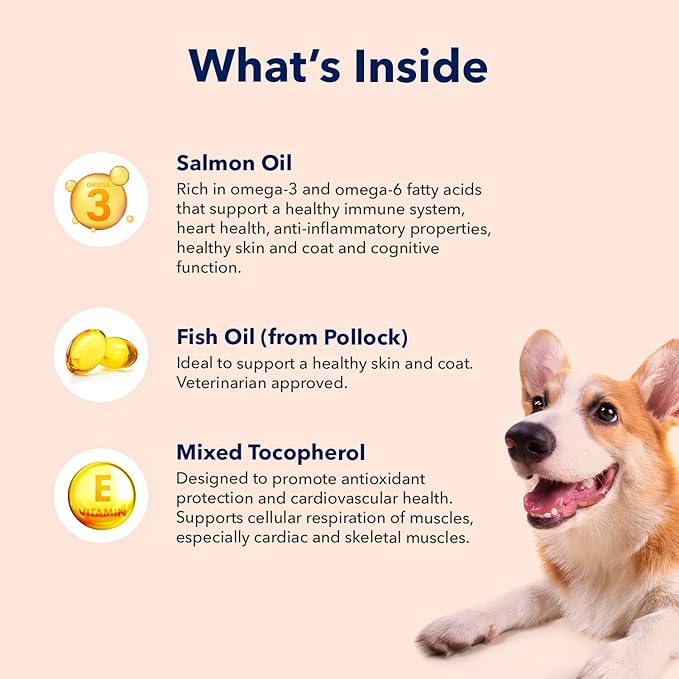 Vets Preferred Wild Alaskan Salmon Oil for Dogs – Skin and Coat - Premium Omega 3 Fish Oil for Healthy Dog Coat – Immune Support and Heart Health – All Natural – Rich in EPA and DHA