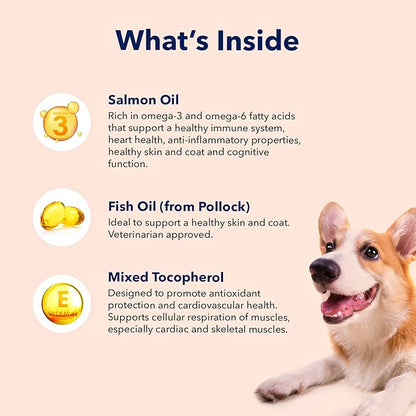 Vets Preferred Wild Alaskan Salmon Oil for Dogs – Skin and Coat - Premium Omega 3 Fish Oil for Healthy Dog Coat – Immune Support and Heart Health – All Natural – Rich in EPA and DHA