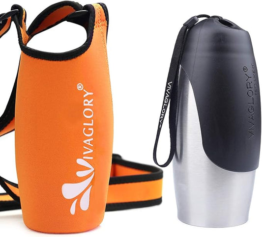 VIVAGLORY 25oz Stainless Steel Water Bottle & Neoprene Bottle Carrier Combo, Dog Drinking Bottles and Water Bottle Holder, Great for Hiking & Traveling with Pets