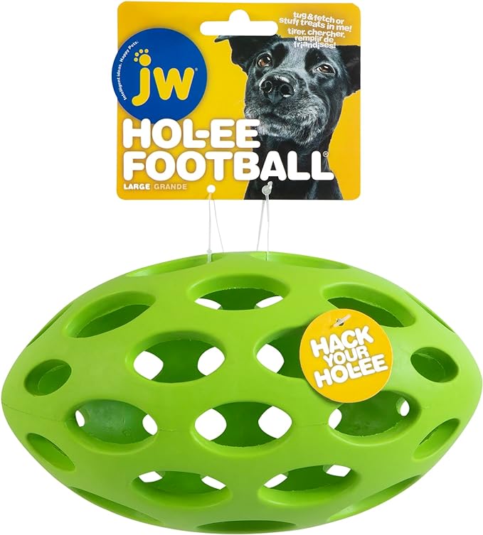 JW Pet Hol-ee Football Dog Toy Puzzle Ball, Natural Rubber, Large (9 Inch Length), Colors May Vary