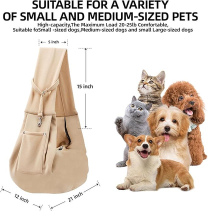Dog Carrier Sling - Reversible Puppy Carrier Purse with Storage Pocket, Hand-Free Dog Sling Carrier for Carry Small Dogs and Cats，Travel Safety Harness, Dog and cat Harness (Apricot)