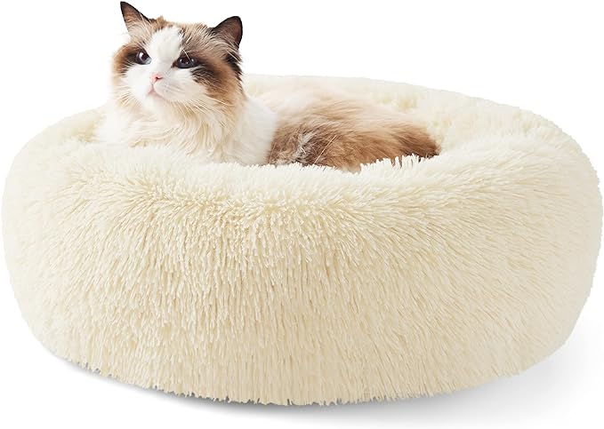 Bedsure Calming Cat Bed for Indoor Cats - Small Washable Round Cat Bed, Anti-Slip Fluffy Plush Faux Fur Pet Bed, Fits up to 15 lbs Pets, Oat Milk, 20 inches