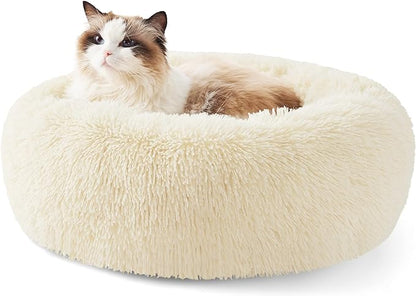 Bedsure Calming Cat Bed for Indoor Cats - Small Washable Round Cat Bed, Anti-Slip Fluffy Plush Faux Fur Pet Bed, Fits up to 15 lbs Pets, Oat Milk, 20 inches
