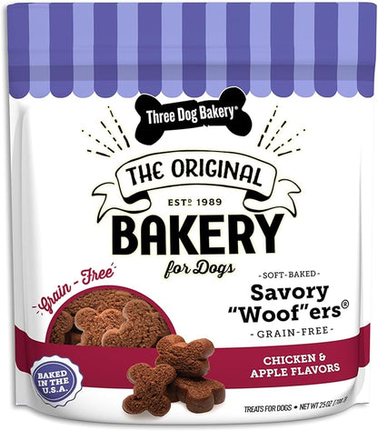 Three Dog Bakery Soft Baked Grain Free Meaty Woofers, Chicken and Apple Flavor, Premium Treats for Dogs, Brown, 25 oz.