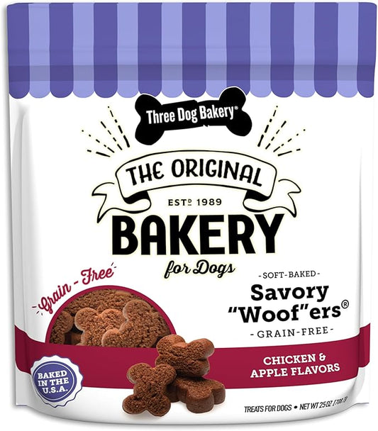 Three Dog Bakery Soft Baked Grain Free Meaty Woofers, Chicken and Apple Flavor, Premium Treats for Dogs, Brown, 25 oz.