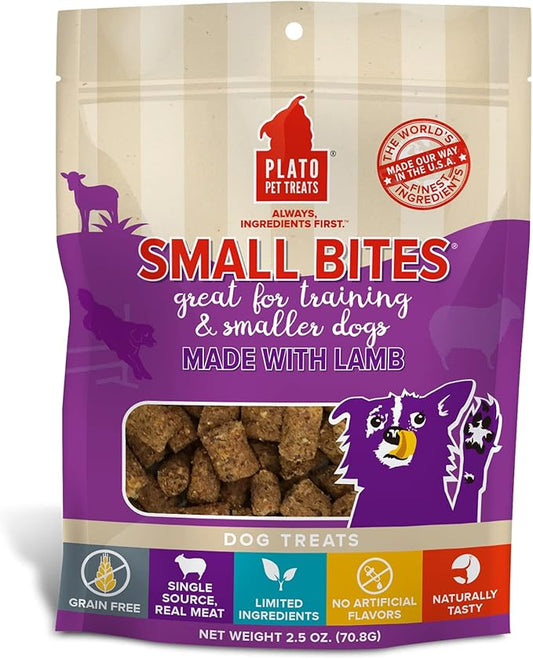 PLATO Pet Treats Air Dried Small Bites Dog Treats, Natural Bite Sized Real Meat & Lamb, Grain Free & High Protein, Made in The USA, 2.5oz