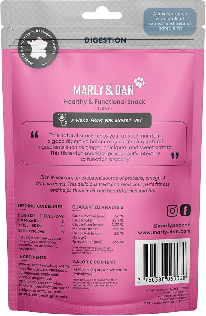 Marly & Dan Baked Salmon Jerky Snack Bar for Dogs with Sweet Potato and Ginger - Delicious Treats Dogs Adore, Naturally Healthy & Functional Digestion Recipe, Rich in Omega 3/6, 6 oz