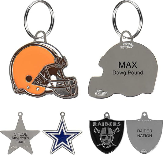 NFL Cleveland Browns Engraving Pet ID Tags in 32 Team Logo Shapes Personalized Dog Tags and Cat Tags with 3 Lines of Customizable Text for Tracking & Safety. Stainless Steel Pet ID Tracking Tags