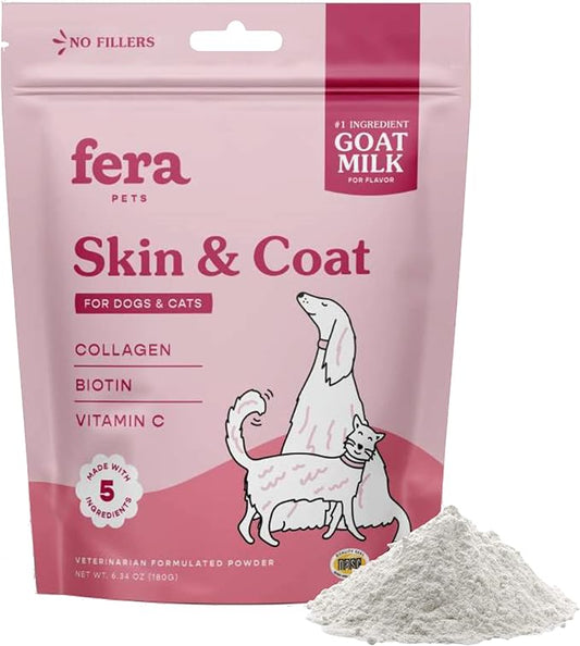 Fera Pets Skin & Coat Goat Milk Cat & Dog Food Topper – Vet Created - Pet Coat Thickness & Skin Hydration - Collagen, Biotin & Vitamin C - 60 Servings