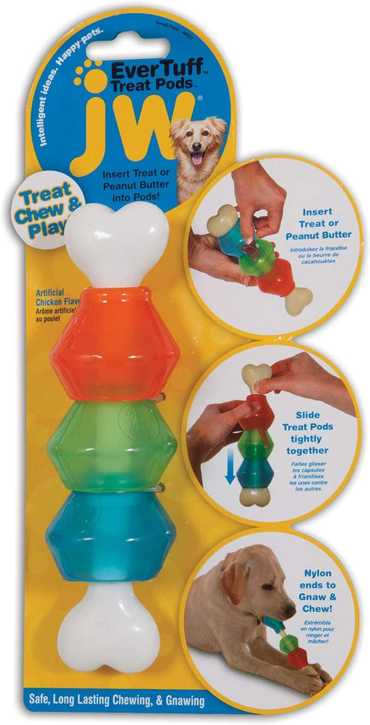 JW Pet EverTuff Treat Pod Nylon Dog Toy, Small, White Bone with Colored Pods of Orange, Green, Blue