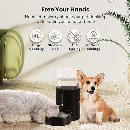 CZPET Dog Water Bowl Dispenser, 4L/1Gal/135Oz Stainless Steel Bowl, Automatic Gravity Cat Water Dispenser, Cat Water Bowl, Safe and Unplugged for Cat Dog