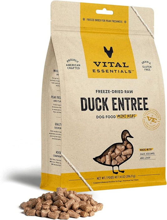 Vital Essentials Freeze Dried Raw Dog Food, Duck Mini Nibs Entree, 14 oz