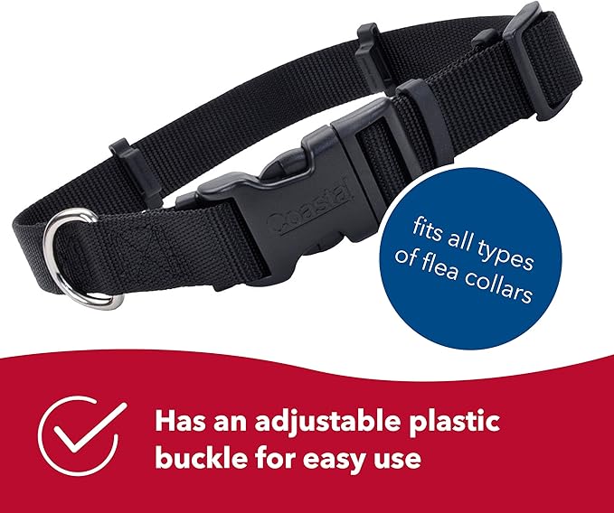Coastal Pet SecureAway Flea Collar Protectors - Comfortable Dog Collar Accessory - Protective Flea Collar for Dogs - Adjustable Dog & Puppy Flea Collar Protection - Black, 1" x 18-26"
