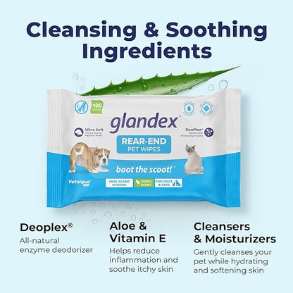 Vetnique Labs Glandex Dog Wipes for Pets Cleansing & Deodorizing Anal Gland Hygienic Wipes for Dogs & Cats with Vitamin E, Skin Conditioners and Aloe (100ct Pouch)