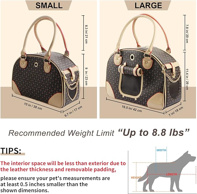 Fashion Dog Carrier PU Leather Dog Handbag Dog Purse Cat Tote Bag Pet Cat Dog Hiking Bag, Brown, Large