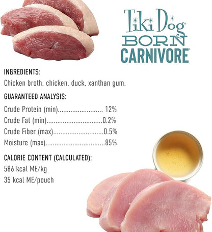 Tiki Dog Born Carnivore Protein Booster Dog Food Topper, Chicken and Duck Recipe in Broth, 2.1 oz. Pouch (12 Count)