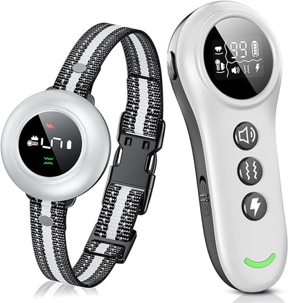 2-in-1 Dog Shock Collar & Dog Bark Collar - Smart Anti Barking Dog Training Collar with 5 Adjustable Sensitivity & 3300FT Remote for All Breeds IP67 Waterproof Rechargeable E-Collar (White)