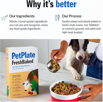 PetPlate FreshBaked Dry Dog Food Grain-Inclusive | Human Grade Dog Kibble | Vet Designed and Formulated with Prebiotics and Postbiotics | No Fillers or by-Products | 2lbs (Beef)