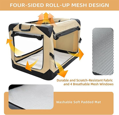 26 Inch Collapsible Dog Crate for Medium Dogs, 4-Door Foldable Soft Dog Kennel with Chew Proof Mesh Windows, Indoor & Outdoor Travel Dog Crate, Soft Side Dog Crate,Beige