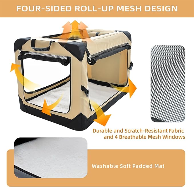 20 Inch Collapsible Dog Crate for Small Dogs, 4-Door Foldable Soft Dog Kennel with Chew Proof Mesh Windows, Indoor & Outdoor Travel Dog Crate, Soft Side Dog Crate,Beige