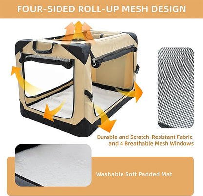 20 Inch Collapsible Dog Crate for Small Dogs, 4-Door Foldable Soft Dog Kennel with Chew Proof Mesh Windows, Indoor & Outdoor Travel Dog Crate, Soft Side Dog Crate,Beige