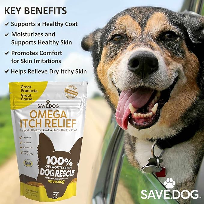 Omega Itch Relief for Dogs – Healthy Skin and Coat Supplement for Dogs with Vitamin E, Flax Oil and Salmon Oil for Dog Itch Relief - Dog Supplement with a Cause (70 Chews)