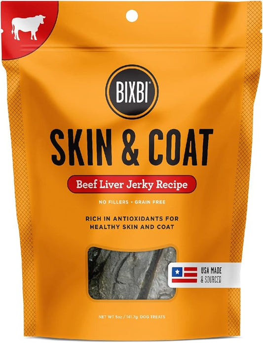 BIXBI Skin & Coat Support Beef Liver Jerky Dog Treats, 5 Oz - USA Made Grain Free Dog Treats - Antioxidant Rich To Support Shiny, Full Bodied Coats - High In Protein, Whole Food Nutrition, No Fillers