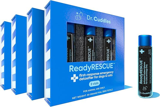 ReadyRESCUE - Pet Detox for Dogs, Cats, & Pets - First Response for Eating or Ingesting Emergencies - Activated Charcoal, Carbon - Rapid Solution to Absorb Toxins, 4 Pack (12 vials of 30g)