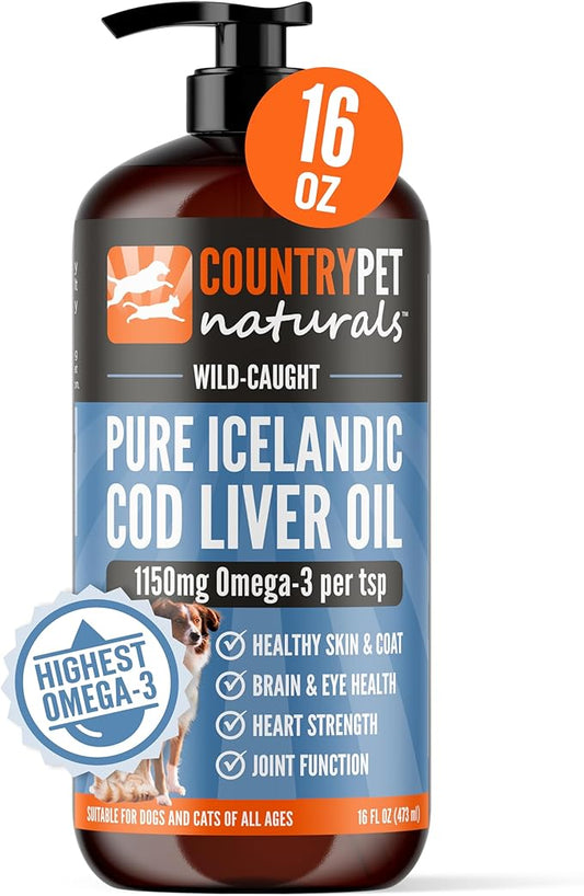 Pure Wild Caught Icelandic Cod Liver Oil 16oz Highest Purity, Highest Omega 3 1150mg/tsp, High EPA/DHA, Vitamin A & D - Reduces Itching, Healthy Skin & Coat, Mobility, BPA-free, Pump incl.