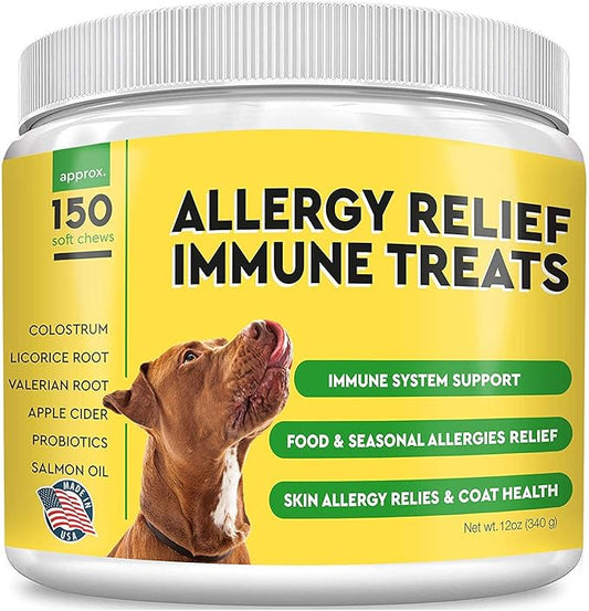 Allergy Relief for Dogs (150 Immune Chews) - Immunity Supplement with Omega 3 Salmon Fish Oil, Colostrum, Digestive Prebiotics & Probiotics - Anti Itch & Skin Hot Spots - Made in USA