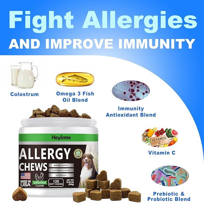 Dog Allergy Relief Chews, Itch Relief and Probiotics for Dogs, Fish Oil Omega 3, Seasonal Allergies, Itchy Skin Relief, Anti Itch Treats, Immune Health Supplement (Chicken, 120 Chews)