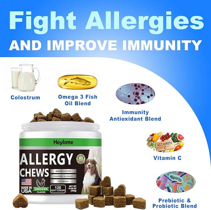 Dog Allergy Relief Chews, Itch Relief and Probiotics for Dogs, Fish Oil Omega 3, Seasonal Allergies, Itchy Skin Relief, Anti Itch Treats, Immune Health Supplement (Chicken, 120 Chews)