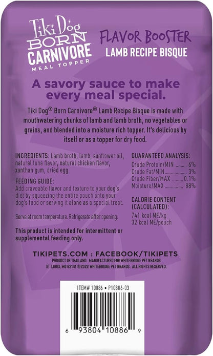 Tiki Dog Born Carnivore Flavor Booster, Lamb Recipe Bisque, Grain Free Meat Based Treat, Meal Topper for All Dog Breeds and All Life Stages, 1.5 oz, Pack of 12
