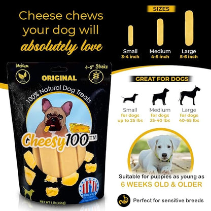 Cheese Dog Chews|US-Crafted for Puppies & Dogs |Softer Natural Alternative to Himalayan Dog Chews & Yak Chews| Salt & Rawhide-Free| Tastier than Yak Chews (3 Medium Sticks)