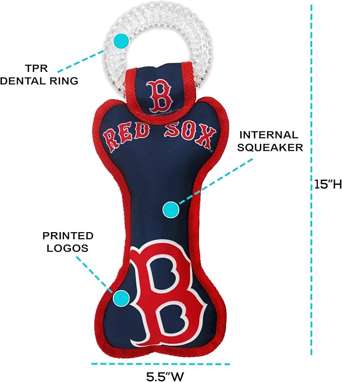 MLB Boston Red Sox Bone Shaped Dental Dog TUG Toy with Squeaker. Tough PET Toy for Healthy Fun, Teething, and Cleaning pet's Teeth and Gum.