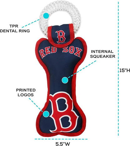 MLB Boston Red Sox Bone Shaped Dental Dog TUG Toy with Squeaker. Tough PET Toy for Healthy Fun, Teething, and Cleaning pet's Teeth and Gum.