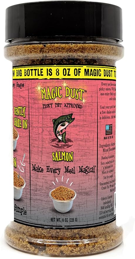 Wild Meadow Farms - Magic Dust Salmon Jerky Topper, Single Protein Pet Food Topper for Dogs & Cats, Enhance Flavor & Elevate Mealtime Excitement for Picky Eaters - 8 Ounce Bottle in Salmon Flavor