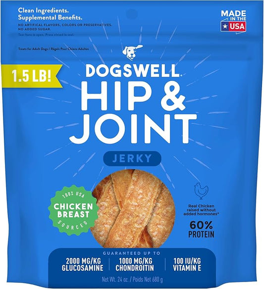 Dogswell Jerky Hip and Joint Dog Treats Grain Free Made in USA Only, Glucosamine and Chondroitin, 24 oz Chicken, 1.5 Pound (Pack of 1)