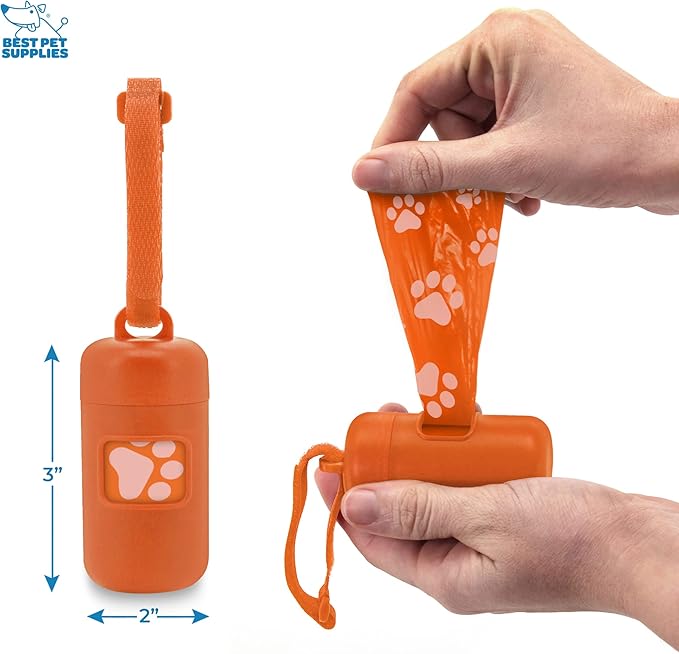Best Pet Supplies Dog Poop Bag Holder Leash Attachment with 30 Bags, Reusable Dispenser for Travel, Walking, Park, and Outdoor Use, Durable with Clip-On - Orange, Pack of 2