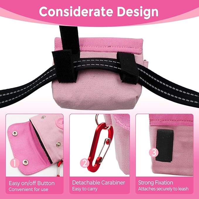 Dog Poop Bag Holder, Portable Dog Poop Bag Dispenser with 1 Metal Clip, Pink Button Canvas Poop Pag Polders for Leashes