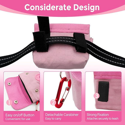 Dog Poop Bag Holder, Portable Dog Poop Bag Dispenser with 1 Metal Clip, Pink Button Canvas Poop Pag Polders for Leashes