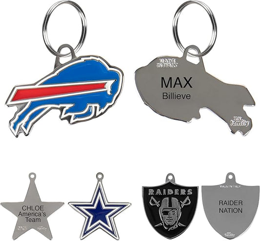 NFL Buffalo Bills Engraving Pet ID Tags in 32 Team Logo Shapes Personalized Dog Tags and Cat Tags with 3 Lines of Customizable Text for Tracking & Safety. Stainless Steel Pet ID Tracking Tags