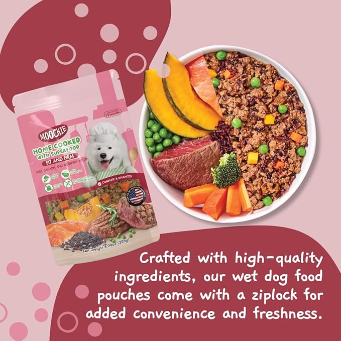 MOOCHIE Home Cooked Superfood Natural Wet Dog Food Recipe - Fit & Firm - Made with Beef, Salmon, and Riceberry - No Added Preservatives or Artificial Flavoring - 9 oz x 6 Pouches