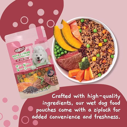 MOOCHIE Home Cooked Superfood Natural Wet Dog Food Recipe - Fit & Firm - Made with Beef, Salmon, and Riceberry - No Added Preservatives or Artificial Flavoring - 9 oz x 6 Pouches