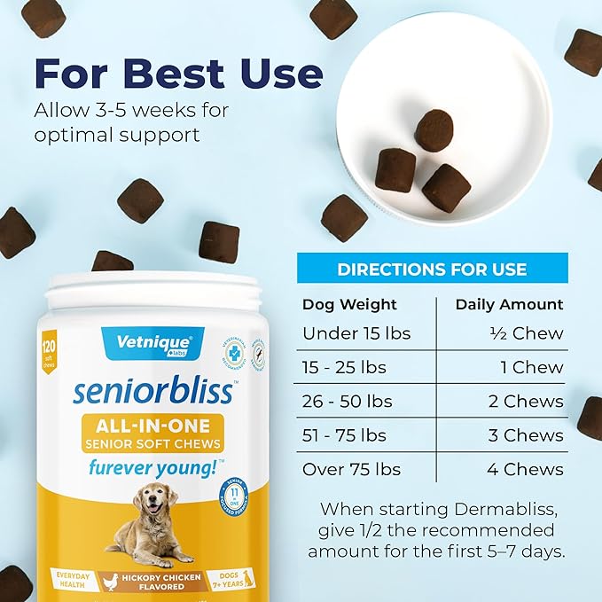 Vetnique Seniorbliss Senior Dog Multivitamin with Glucosamine, Omega 3 Fish Oil, and Probiotics - for Dog Joints, Digestive and Immune Support for Optimal Health (All-in-One Daily Vitamin, 120ct)