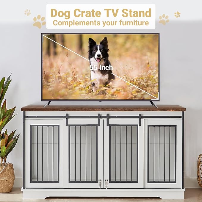 61'' Double Dog Crate Furniture for 2 Dogs, Large Double Dog Kennel Furniture TV Stand, Heavy Duty Dog Crate, Furniture Style Dog Crate End Table, Wood Crates for Dogs Kennel Indoor