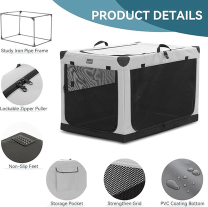 Petsfit 36 Inch Dog Crates, Adjustable Fabric Cover by Spiral Iron Pipe, Chew Proof 3 Door Design, Soft Collapsible Dog Kennel Grey